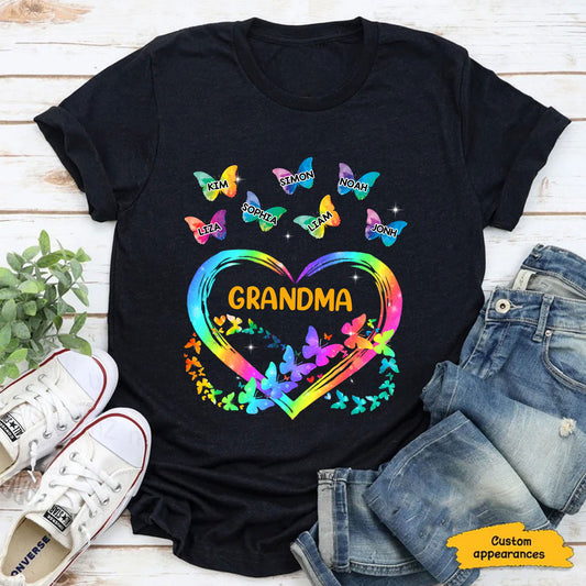 Colorful Butterfly Heart Grandma Nana Mimi Gigi Auntie Personalized Shirt