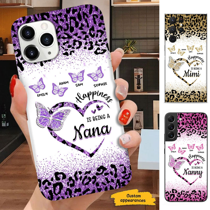Happiness Is Being A Grandma Purple Leopard Butterfly Heart Personalized Phone Case