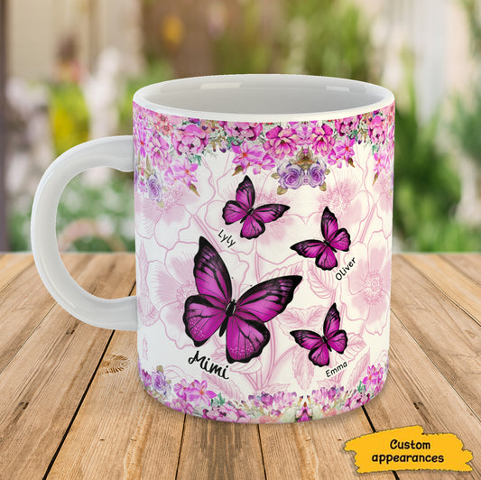 Pink Butterflies Grandma with Grandkids Personalized Mug