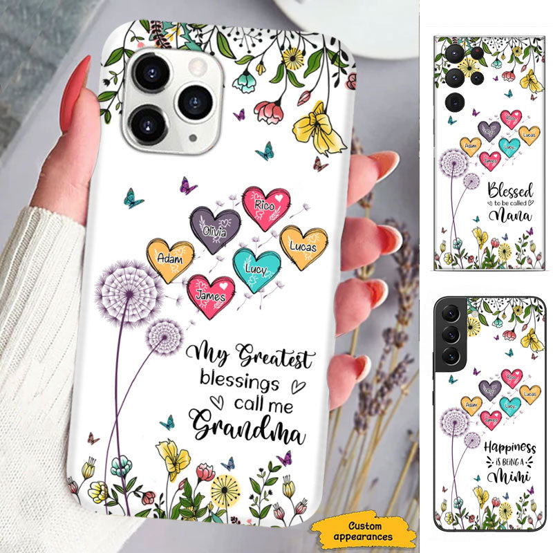 My Greatest Blessings Call Me Grandma Dandelion Hearts Personalized Phone Case - mockup 1 of 7