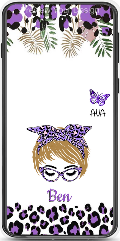 Grandma Messy Bun Purple Leopard Butterflies Personalized Phone Case