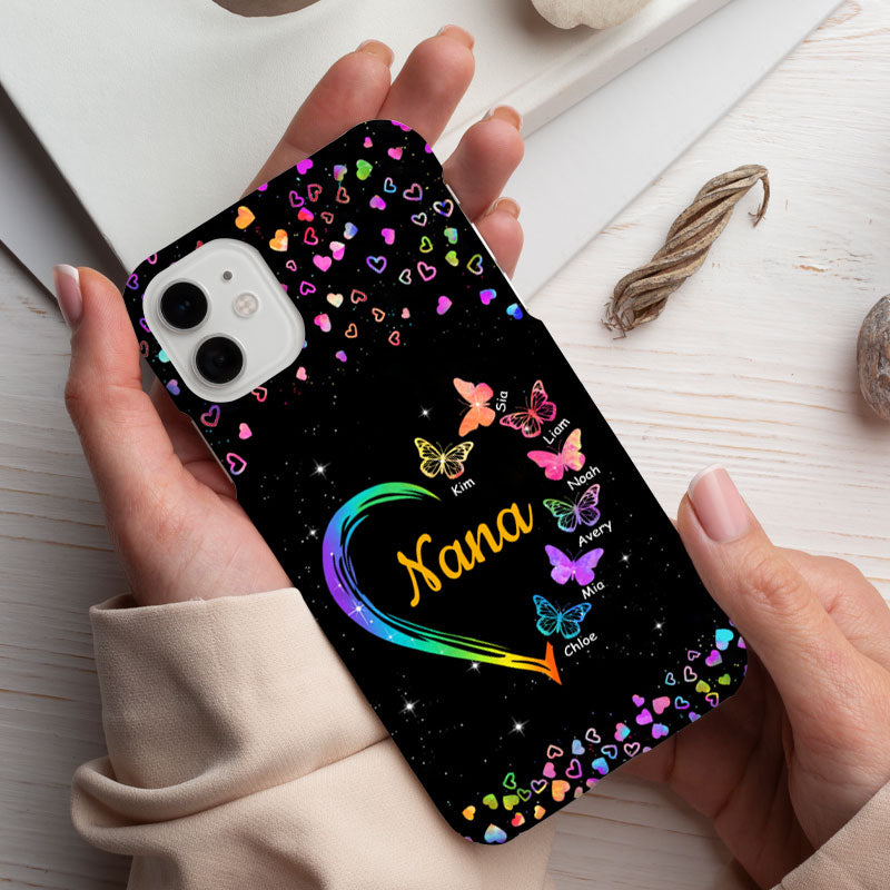 Rainbow Heart Butterflies Grandma Black Sparkle Personalized Phone Case - mockup 6 of 7
