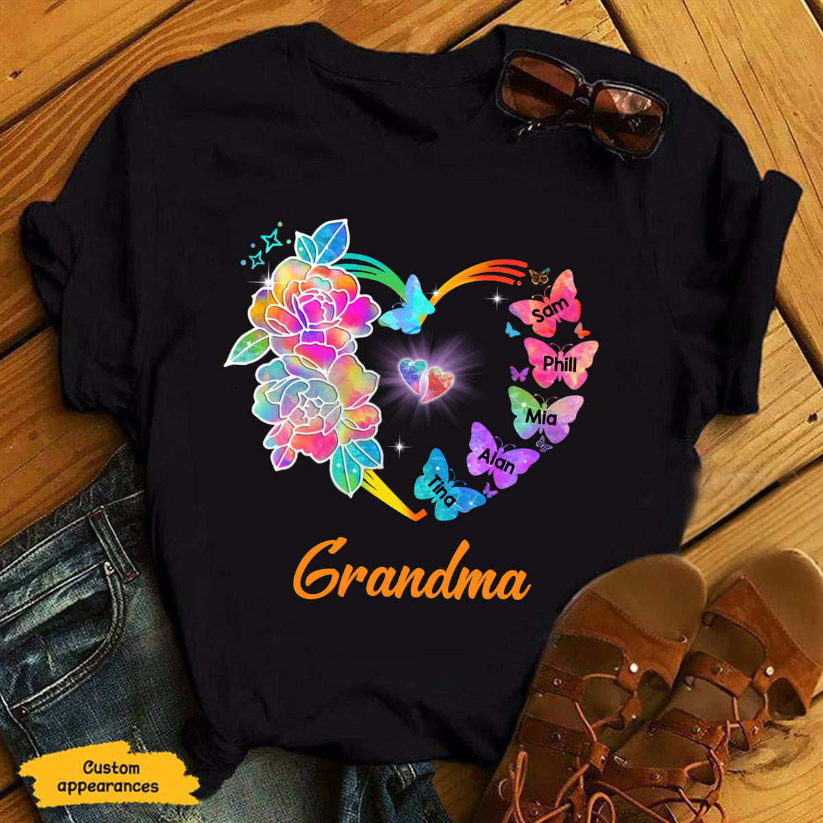Colorful Flower Butterfly Heart Grandma Personalized Shirt
