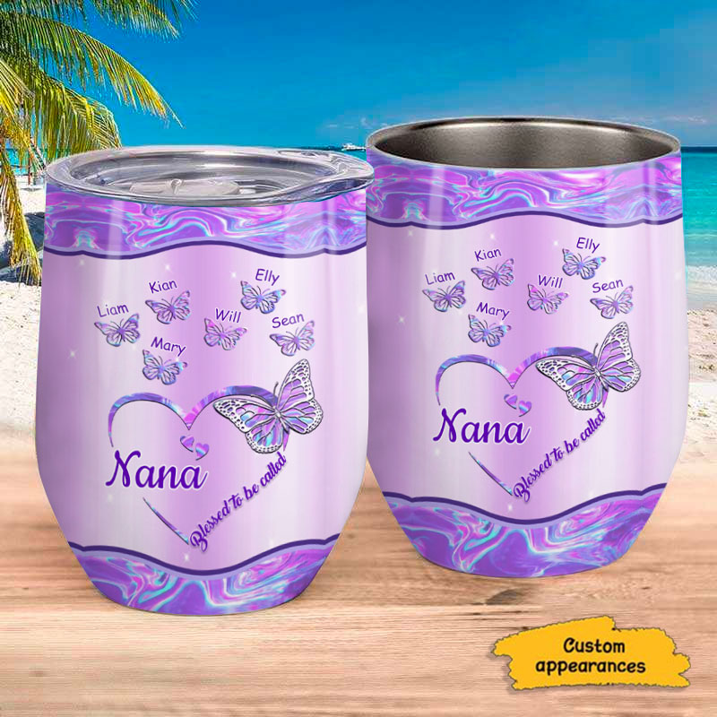 Butterfly Heart Blessed To Be Called Grandma Kids Names Personalized Wine Tumbler