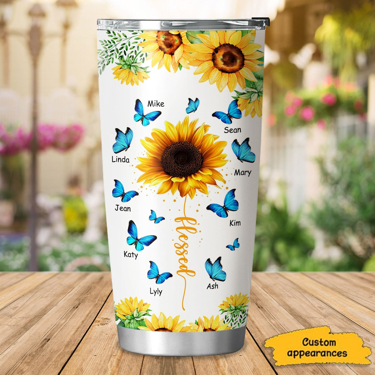 Blue Butterfly Sunflower Grandma Nana Mom Personalized Tumnbler SC181116