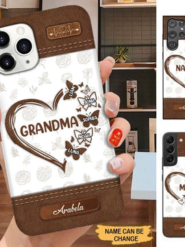 Butterflies Heart Grandma with Grandkids Leather Pattern Personalized Phone case SC1362