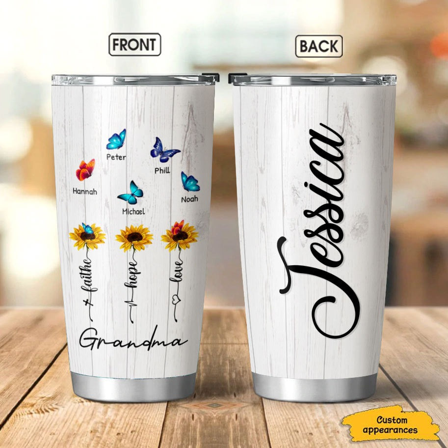 Butterfly Sunflower Faith Hope Love Grandma Nana Mommy Personalized Tumbler SC181105
