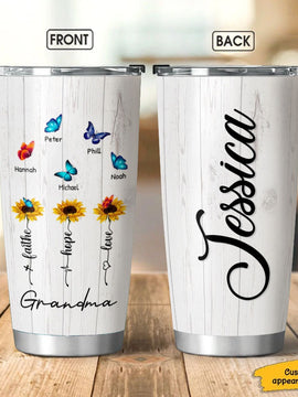 Butterfly Sunflower Faith Hope Love Grandma Nana Mommy Personalized Tumbler SC181105