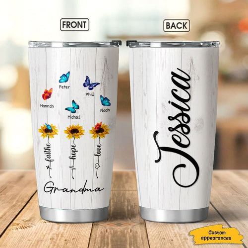 Butterfly Sunflower Faith Hope Love Grandma Nana Mommy Personalized Tumbler SC181105