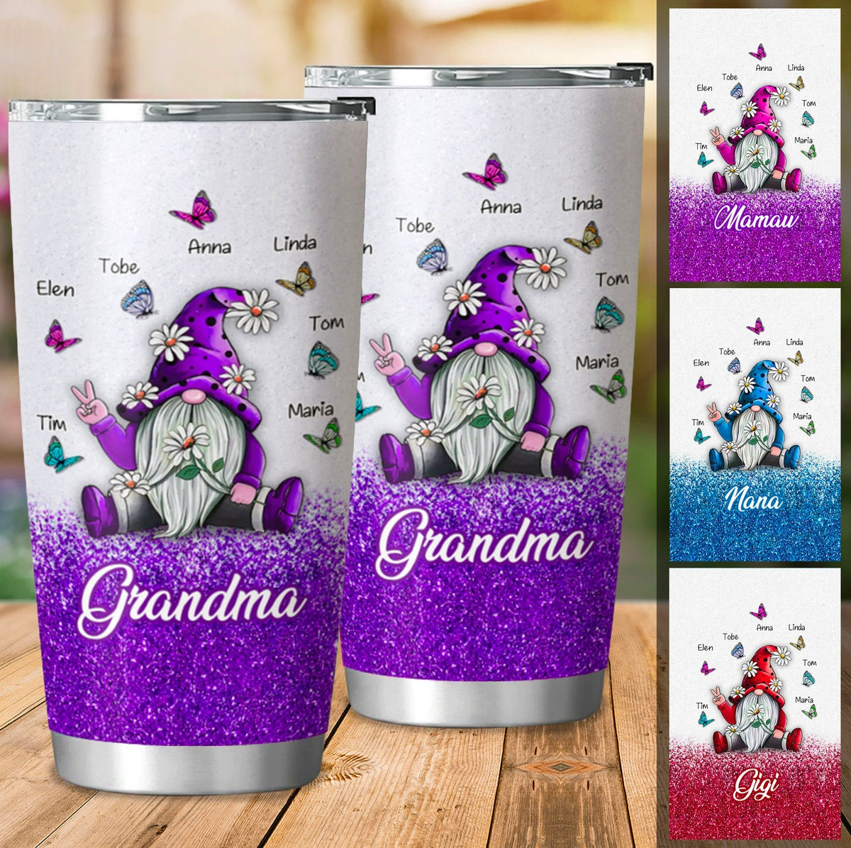 Daisy Gnome Butterfly Grandma With Grankids Nana Mommy Personalized Tumbler SC211018 Tumbler Cup ShinyCustom - The Best Personalized Gift Store 