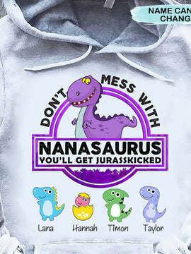 Grandma with Grandkids Don't Mess with Nanasaurus Personalized Hoodie Shirt