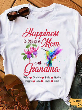 Hummingbird Happiness is being a Mom and Grandma Personalized Shirt