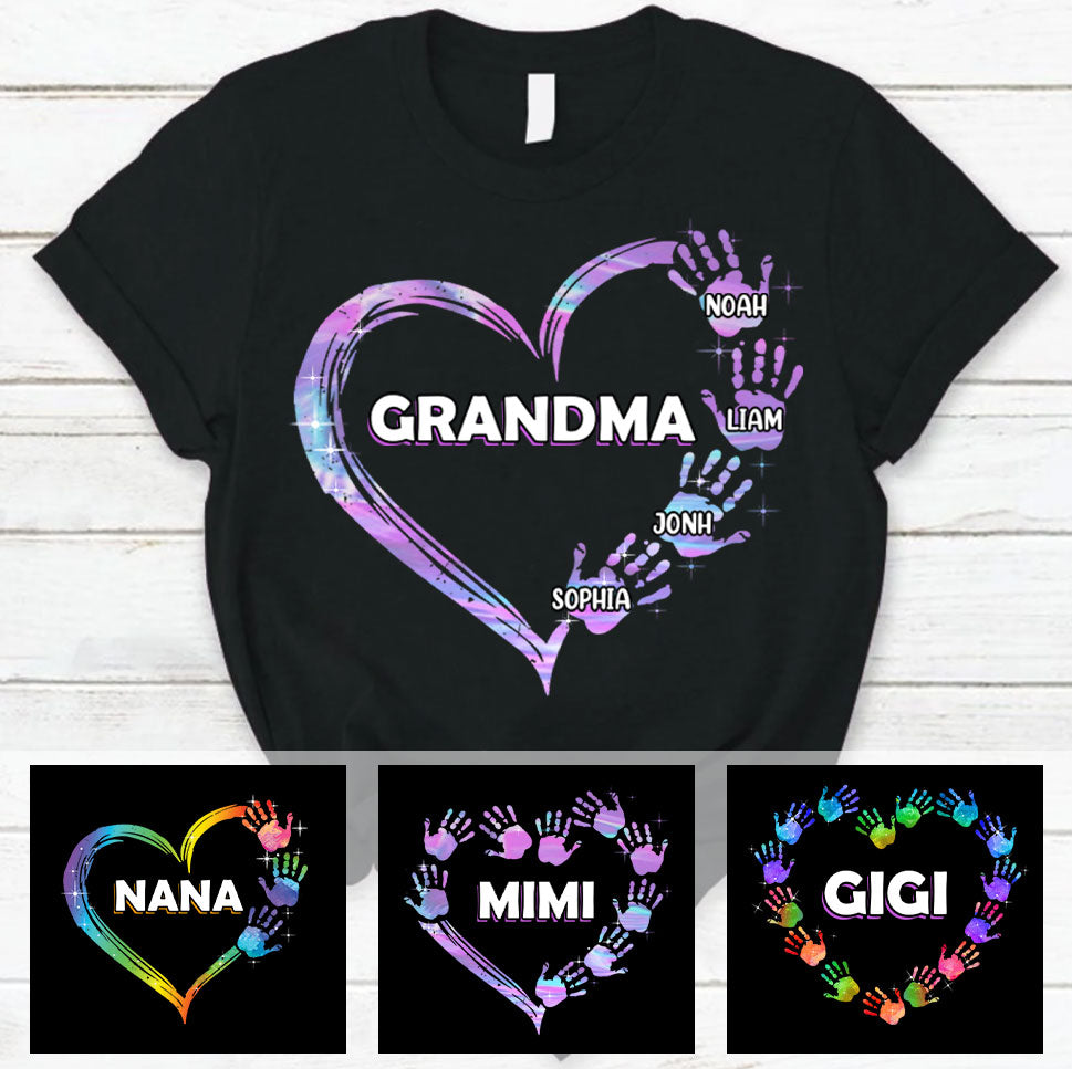 Heart Hand Print Grandma with Grandkids Mommy Auntie Personalized Shirt Apparel Gearment 