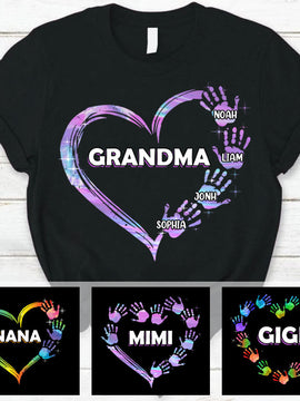 Heart Hand Print Grandma with Grandkids Mommy Auntie Personalized Shirt