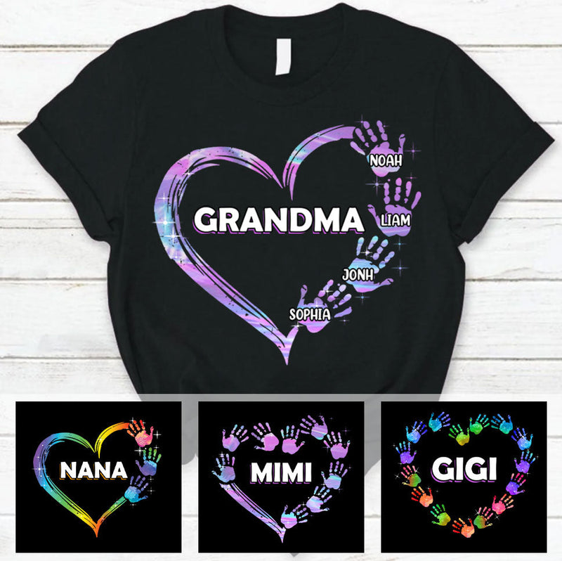 Heart Hand Print Grandma with Grandkids Mommy Auntie Personalized Shirt Apparel Gearment