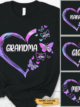 Hologram Butterflies Heart Grandma Mommy Aunite Personalized Shirt