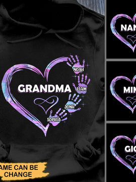 Hologram Heart Hands Print Grandma with Grandkids Mommy Auntie Personalized Shirt