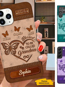 Leather Pattern Butterfly Blessed To be called Grandma Nana Mimi Personalized Phone case SC261212