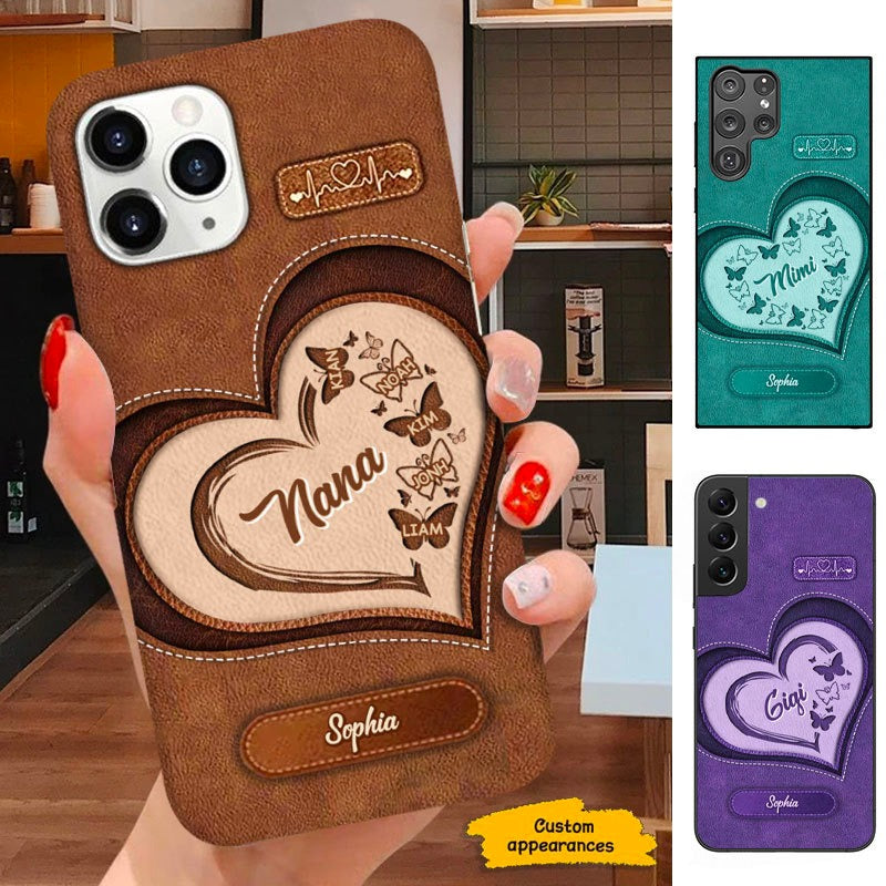 Leather Pattern Butterfly Heart Nana Mimi Gigi Grandma Personalized Phone Case SC261215