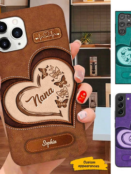 Leather Pattern Butterfly Heart Nana Mimi Gigi Grandma Personalized Phone Case SC261215