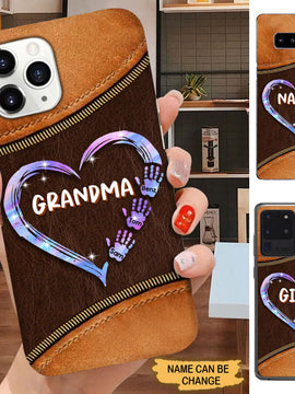 Leather Pattern Heart Hand Print Grandma Mommy Auntie Personalized Phone case