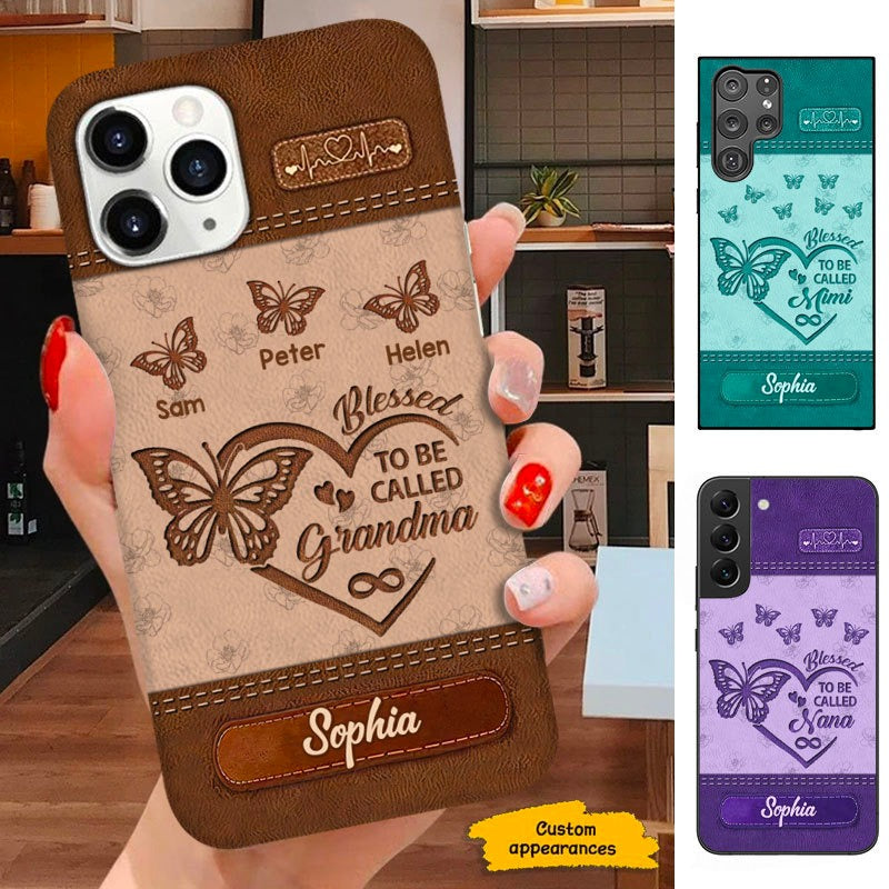Leather pattern Butterfly Blessed To be called Nana Mimi Grandma Personalized Phone case 301235