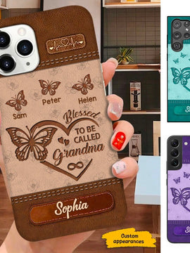 Leather pattern Butterfly Blessed To be called Nana Mimi Grandma Personalized Phone case 301235