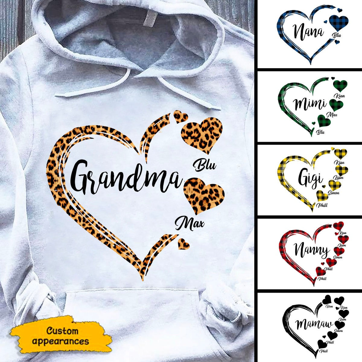 Leopard Heart Grandma Nana Mommy Personalized Hoodie Shirt SC241104