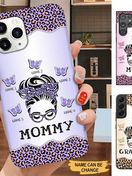 Leopard Pattern Bun Hair Mommy Grandma Auntie Butterfly Personalized Phone Case