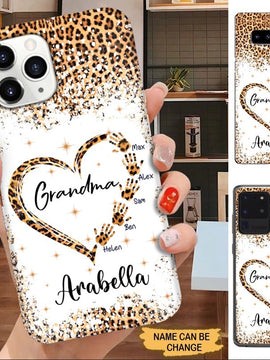 Leopard Pattern Heart with Hands Grandma and Grandkids Personalized Grandma Phone Case