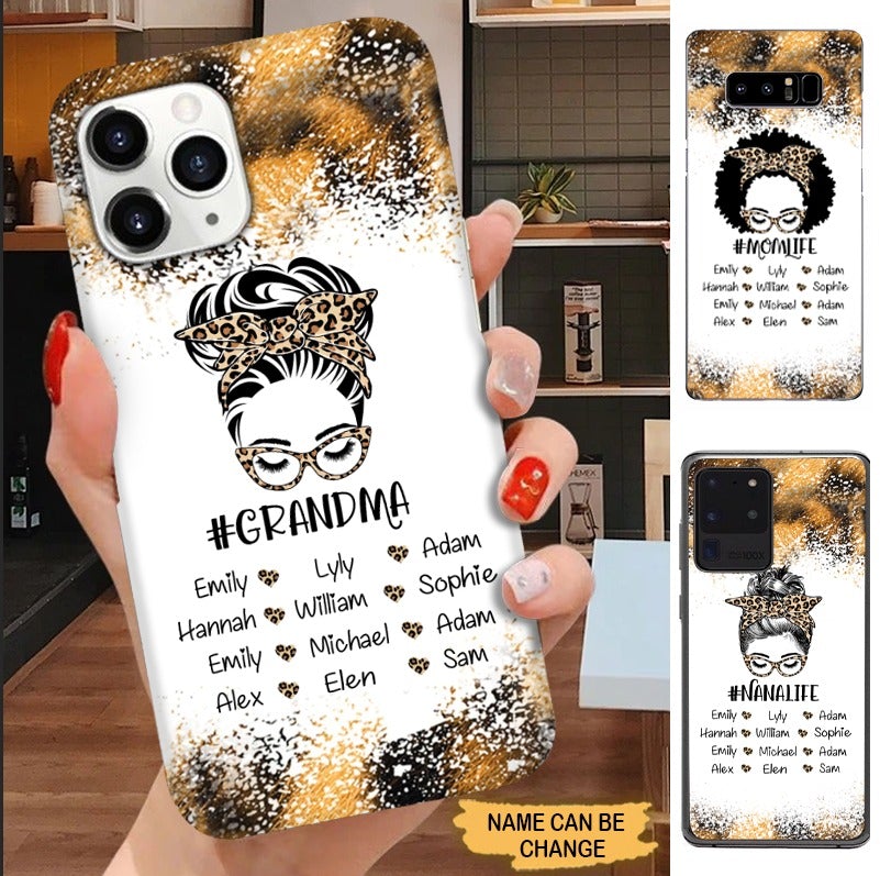 Leopard Pattern Messy Bun Grandma Life Nana Mommy Auntie Personalized Grandma Phone Case Phone case FUEL 