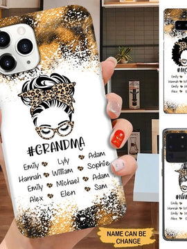 Leopard Pattern Messy Bun Grandma Life Nana Mommy Auntie Personalized Grandma Phone Case