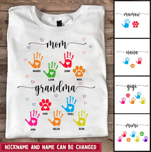 Mom and Grandma Heart Hand Print Personalized Shirt Apparel Gearment 