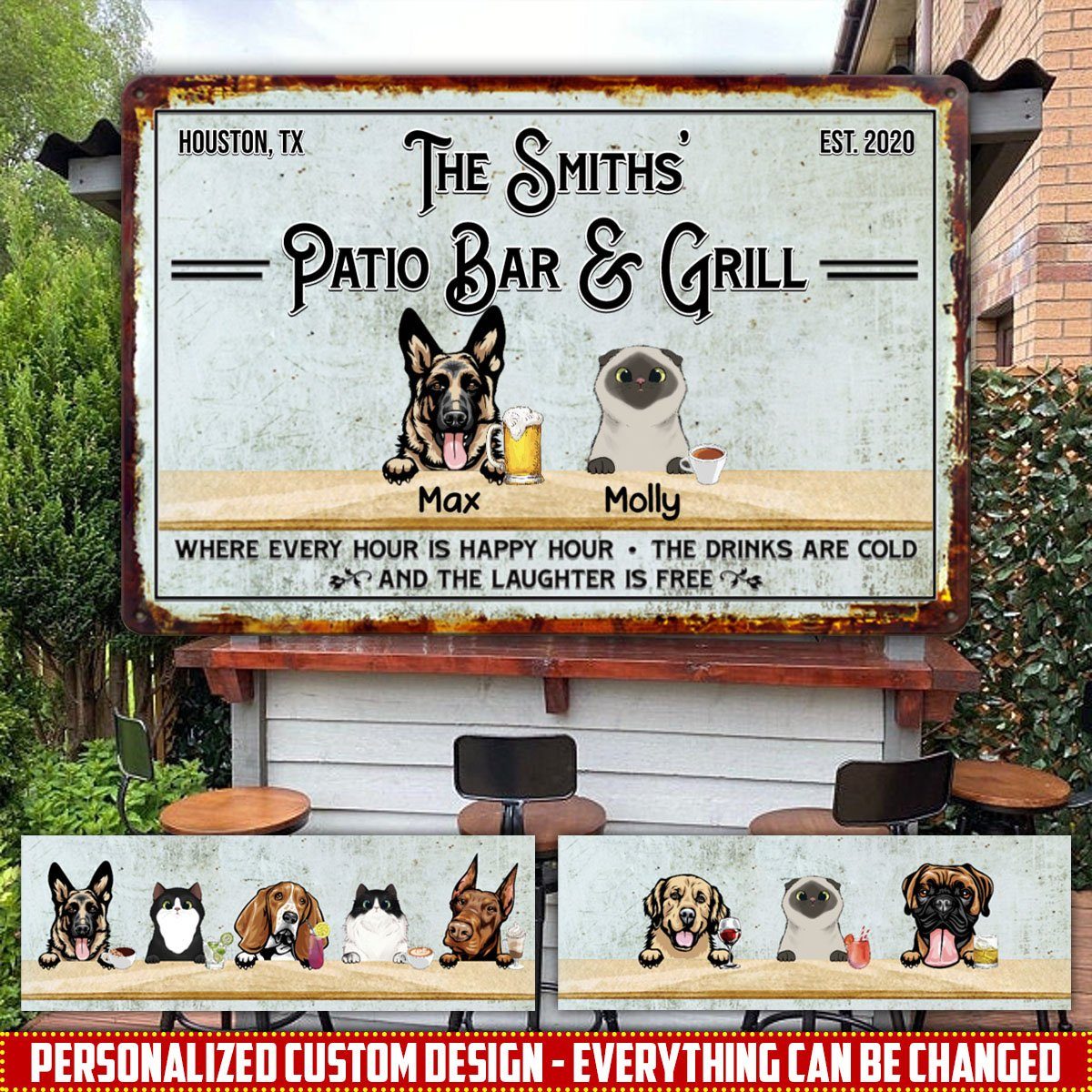 Personalized Custom Dog And Cat Backyard Patio Bar And Grill Metal Sign Dog And Cat Metal Sign Human Custom Store 