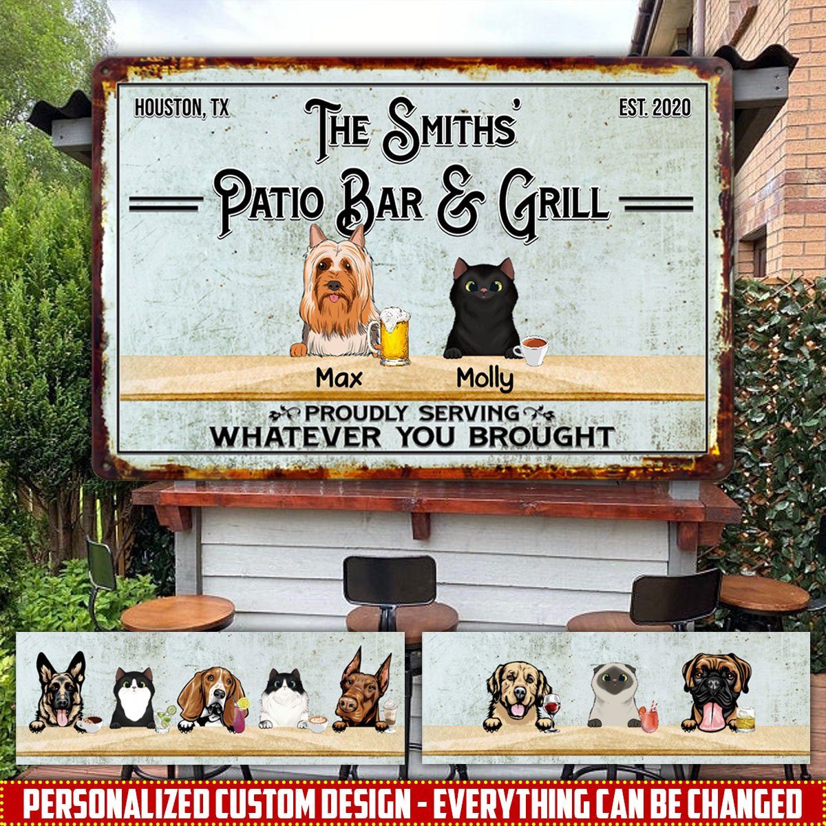 Personalized Custom Dog And Cat Backyard Patio Bar And Grill Metal Sign Dog And Cat Metal Sign Human Custom Store 