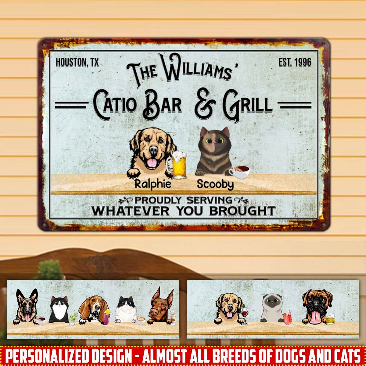 Personalized Custom Dogs & Cats Backyard Patio Bar And Grill Metal Sign Dog And Cat Metal Sign Human Custom Store 