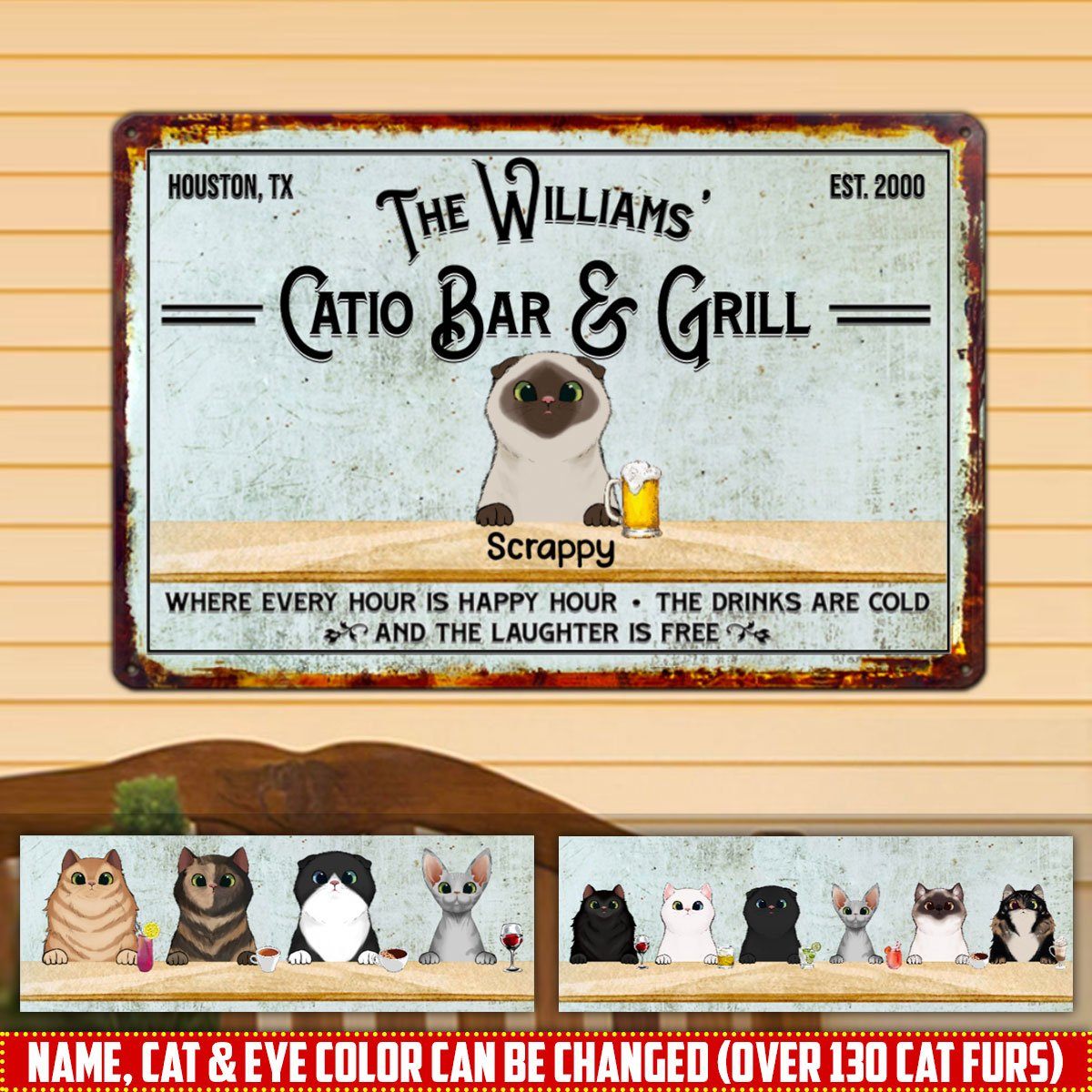 Personalized Custom Up To 6 Cats Catio Bar And Grill Patio Backyard Metal Sign 6 Cats Metal Sign Human Custom Store 