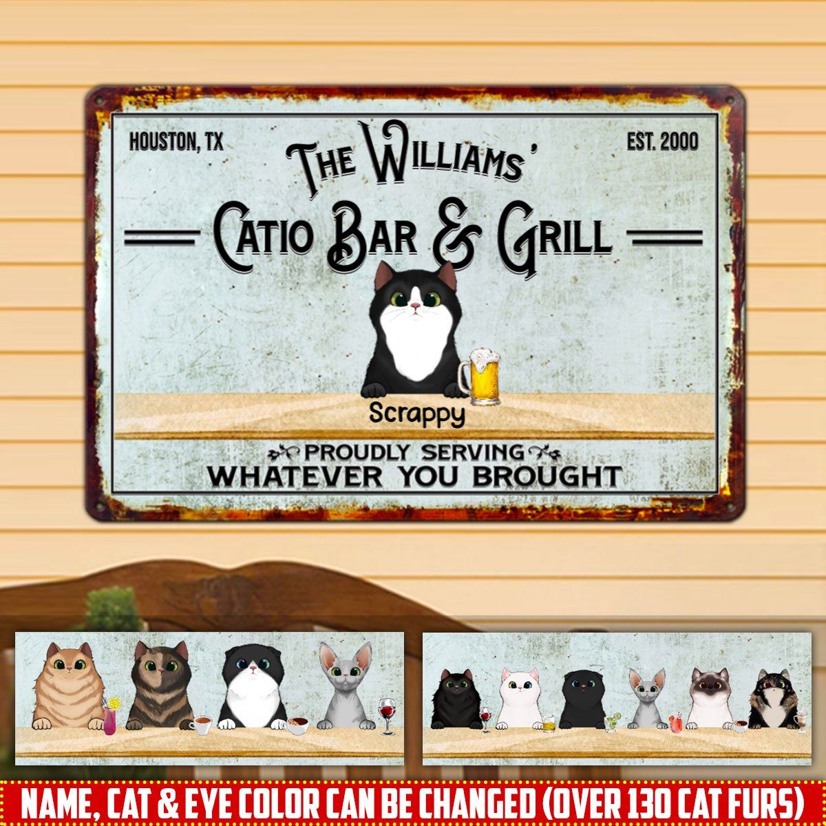 Personalized Custom Up To 6 Cats Catio Bar And Grill Patio Backyard Metal Sign 6 Cats Metal Sign Human Custom Store 