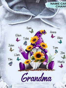 Sunflower Gnome Butterflies Grandma With Grankids Personalized Hoodie Shirt