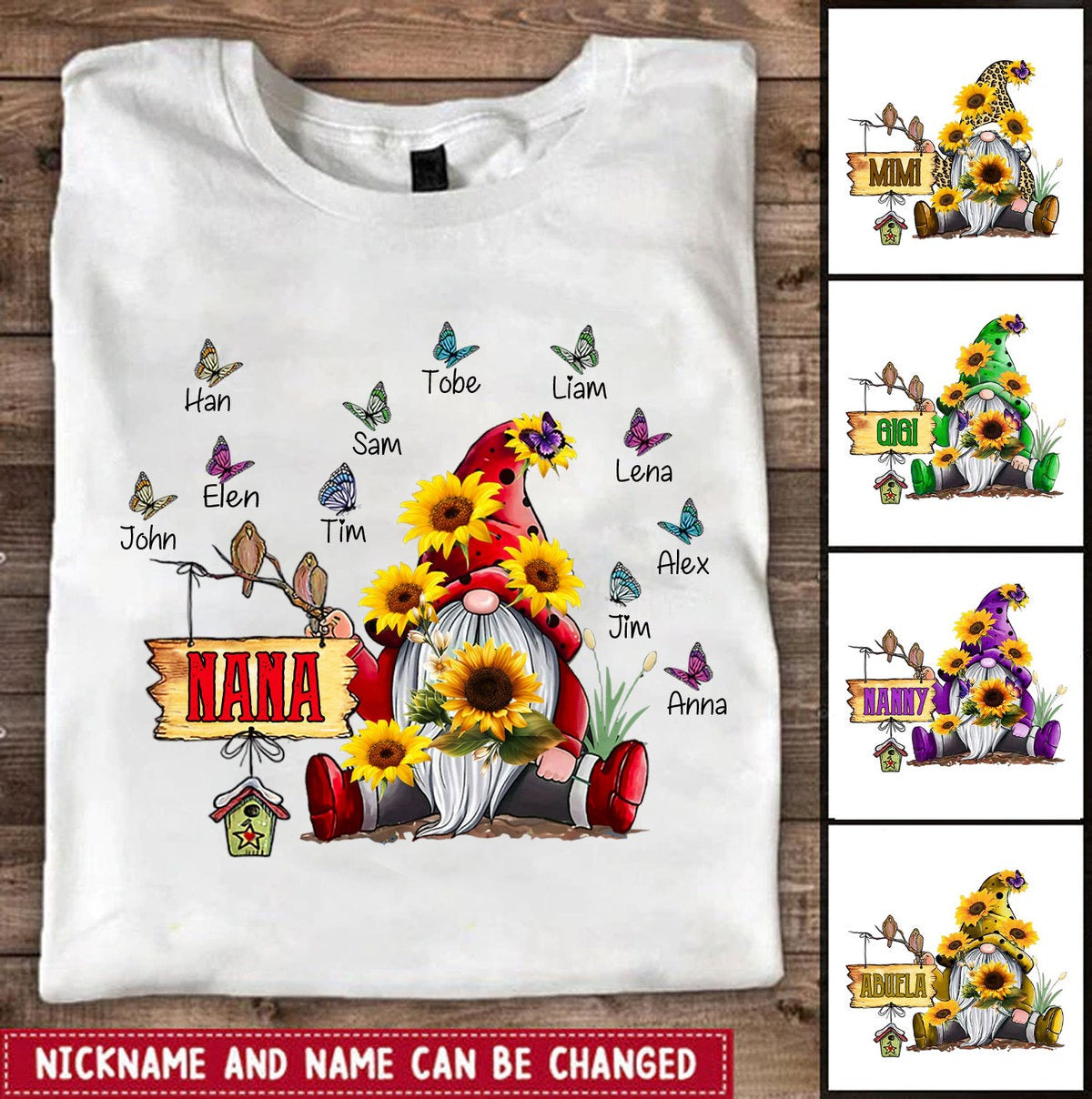 Sunflower Gnome Butterflies Grandma with Grandkids Momy Auntie Personalized shirt Apparel Gearment 