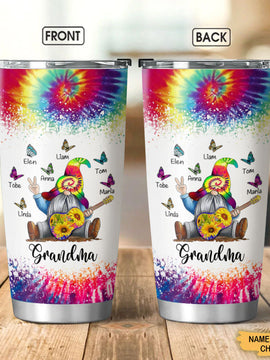 Tie dye Gnome Butterflies Grandma Mommy Auntie Personalized Tumbler