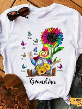 Tie dye Gnome Sunflower Butterflies Grandma Mommy Auntie Personalized Shirt