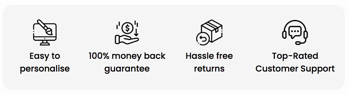 Easy to personalise, 100% money back guarantee, Hassle free returns, Top-Rated Customer Support